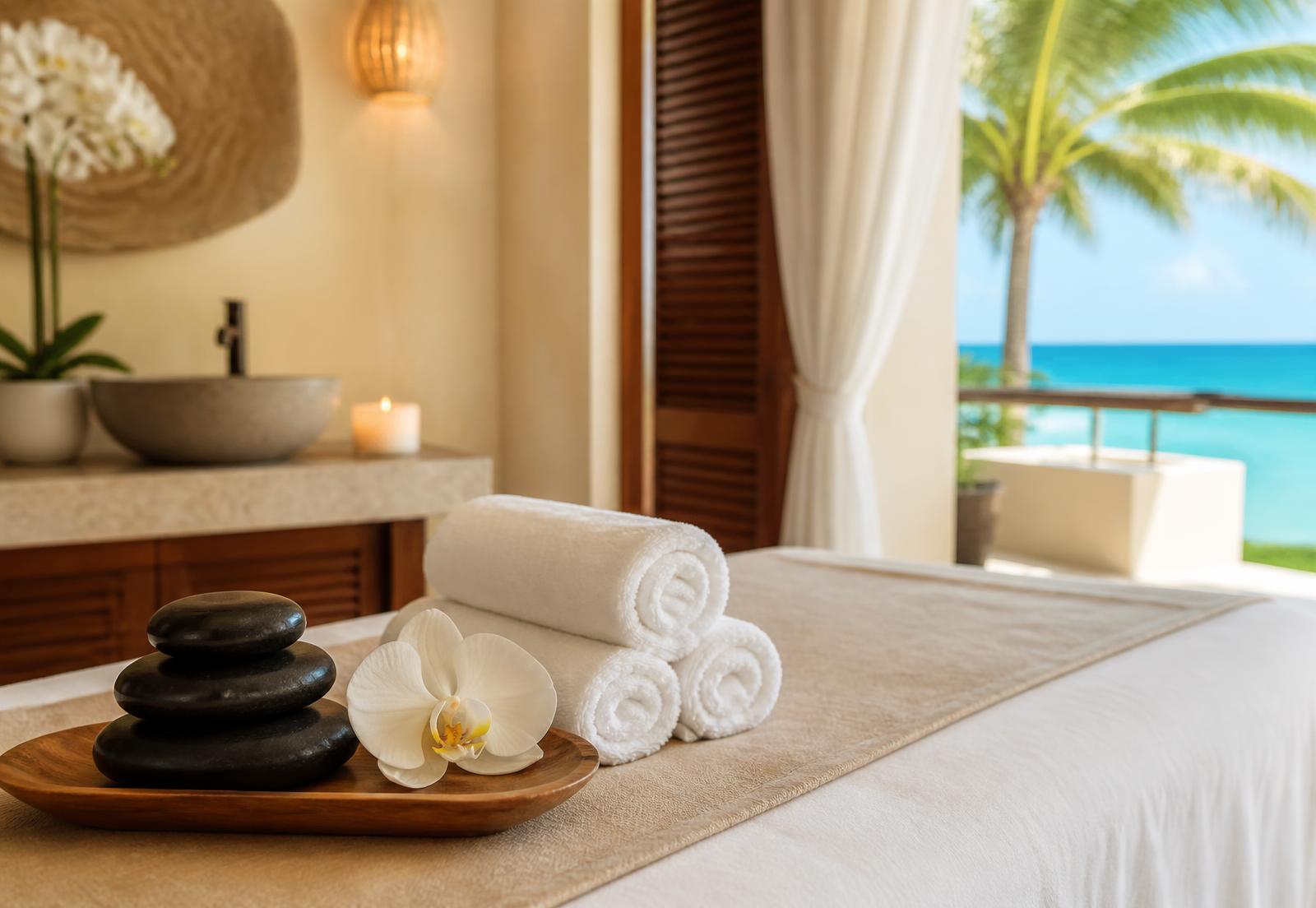 Hot stones, white orchid and rolled towels on a massage table with an ocean view